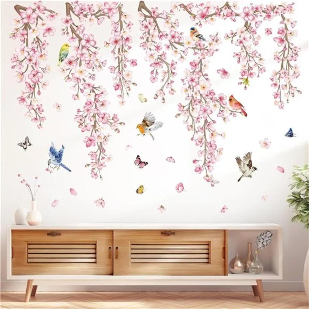 Cherry Blossom Wall Stickers Flower Vine Birds Peel and Stick Wall Decals Bedroo